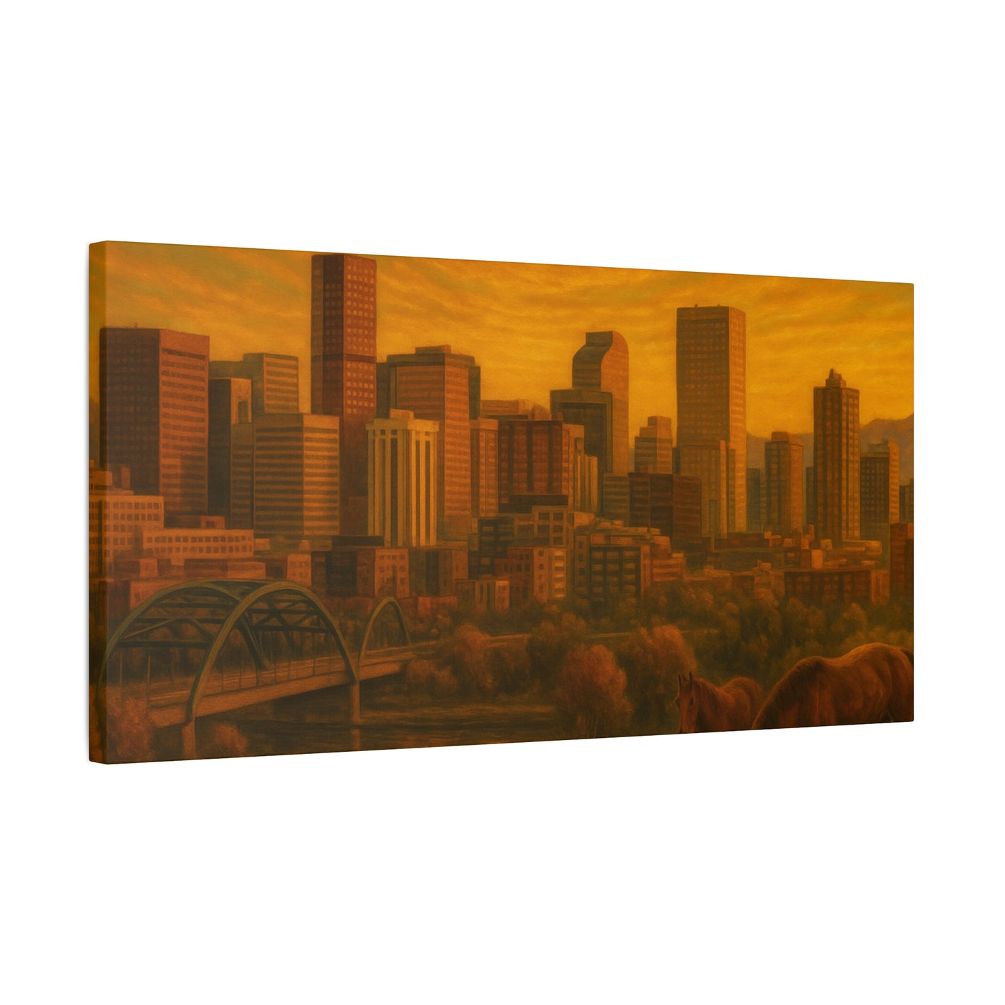 Stretched Canvas Wall Art, Urban Sunset Landscape Print, Horse and City Scene, Home Décor, Gift Idea for Art Lovers