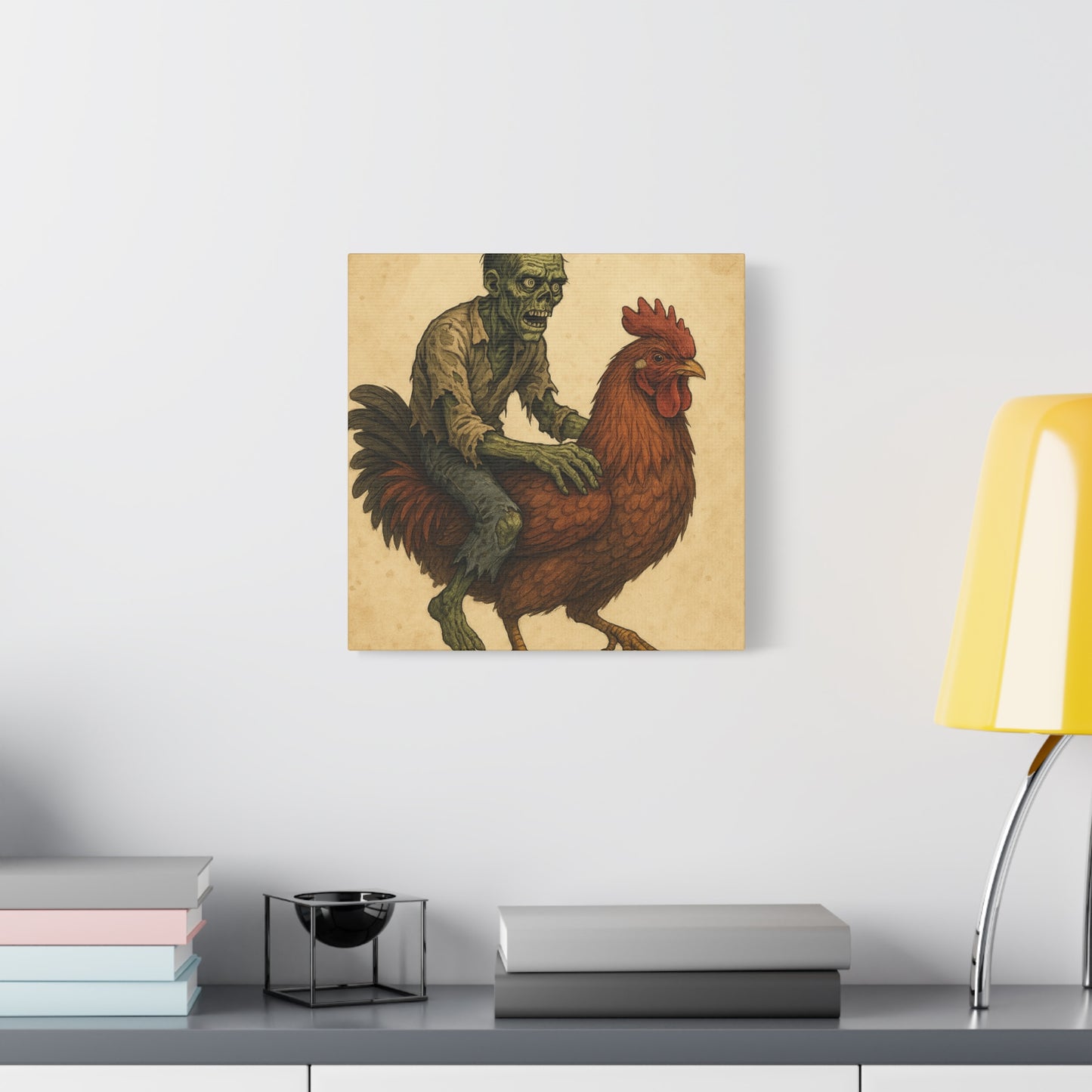 Zombie Chicken Ride Matte Canvas Art, Whimsical Wall Decor, Funny Gift for Halloween, Unique Home Decor, Quirky Art Print