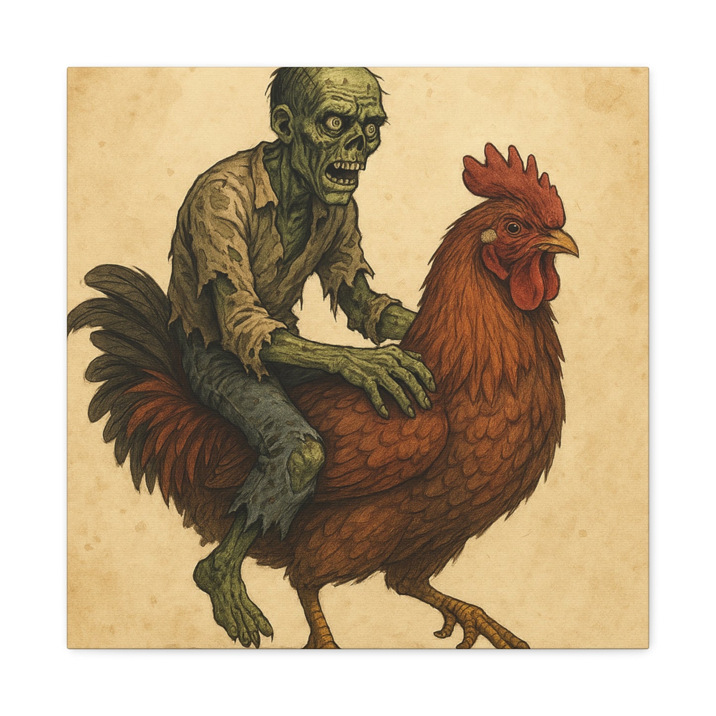 Zombie Chicken Ride Matte Canvas Art, Whimsical Wall Decor, Funny Gift for Halloween, Unique Home Decor, Quirky Art Print