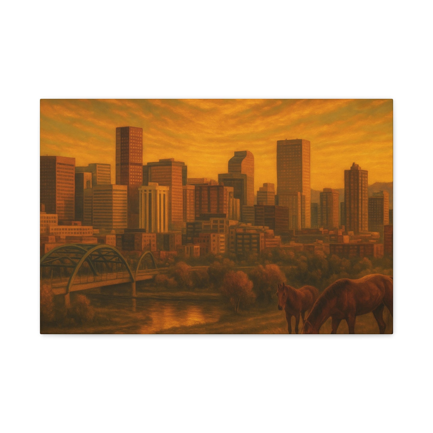 Stretched Canvas Wall Art, Urban Sunset Landscape Print, Horse and City Scene, Home Décor, Gift Idea for Art Lovers