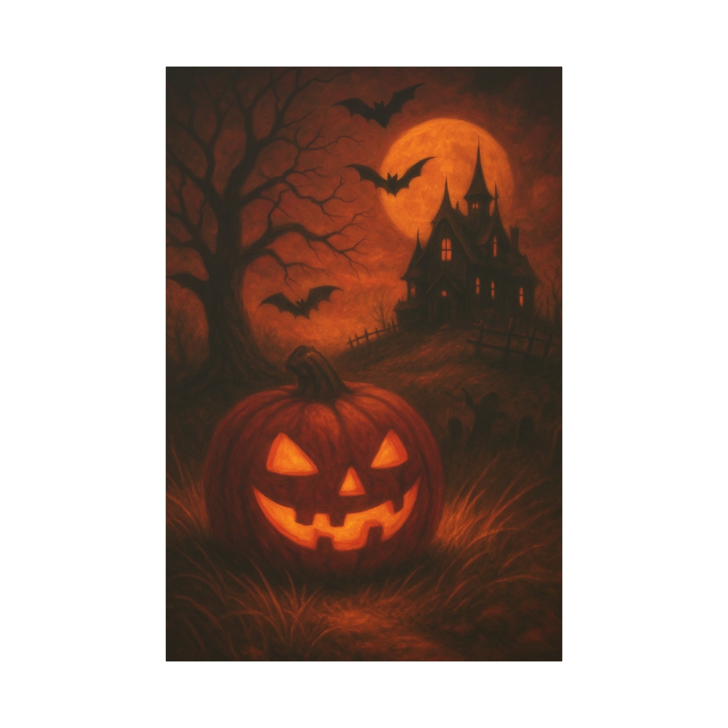 Halloween Themed Canvas Art, Spooky Wall Decor, Pumpkin Artwork, Haunted House Print, Fall Home Decoration
