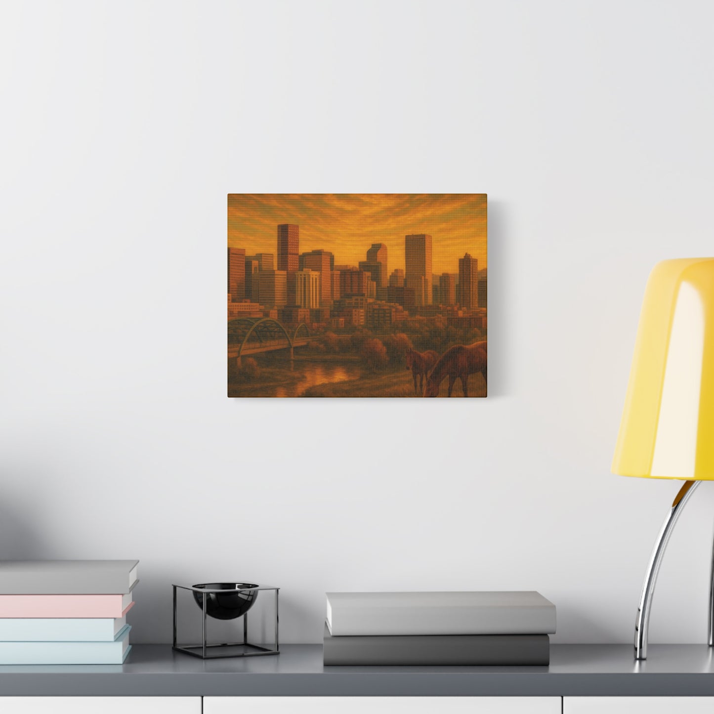Stretched Canvas Wall Art, Urban Sunset Landscape Print, Horse and City Scene, Home Décor, Gift Idea for Art Lovers