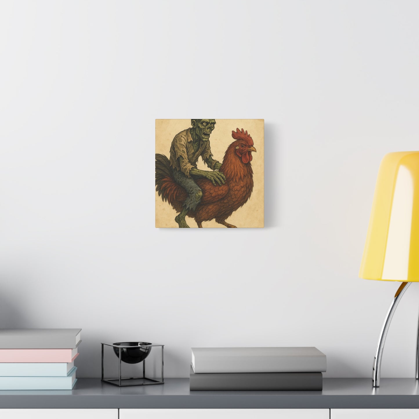 Zombie Chicken Ride Matte Canvas Art, Whimsical Wall Decor, Funny Gift for Halloween, Unique Home Decor, Quirky Art Print