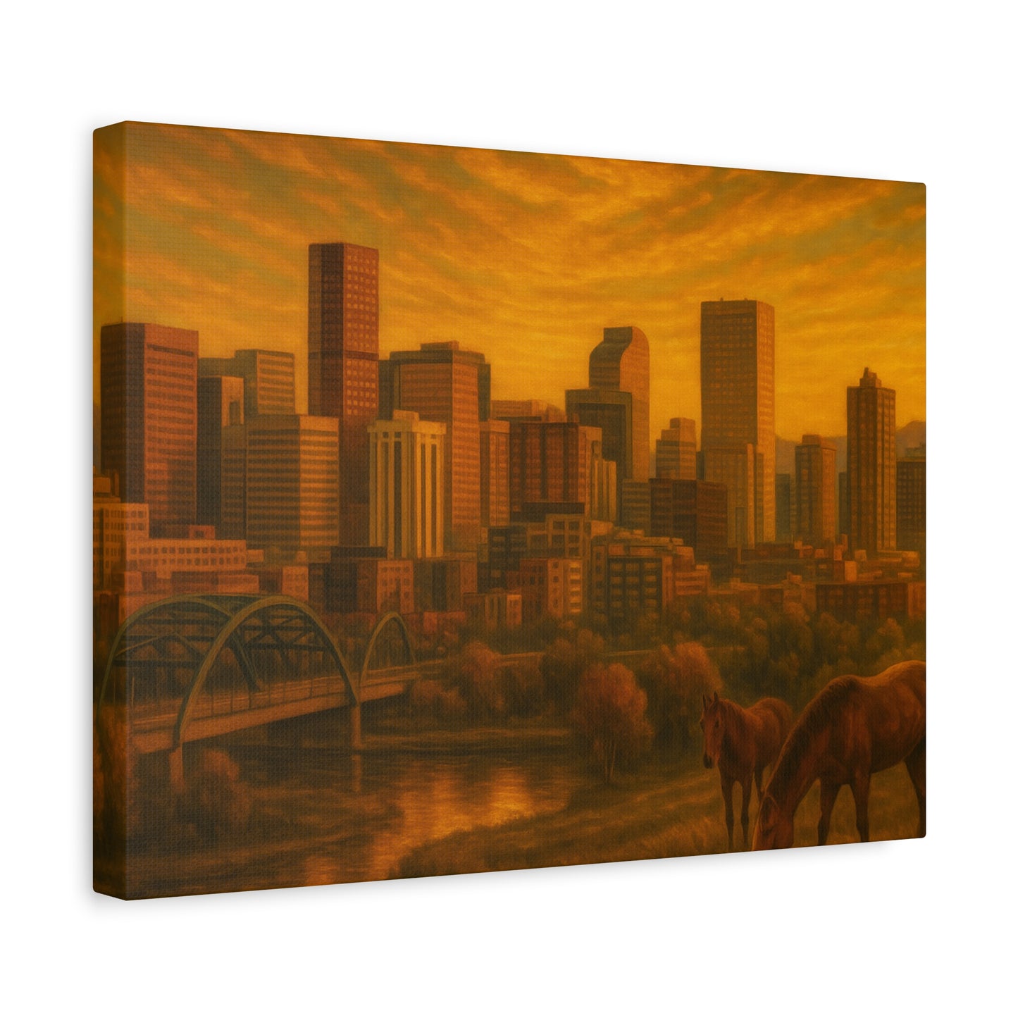 Stretched Canvas Wall Art, Urban Sunset Landscape Print, Horse and City Scene, Home Décor, Gift Idea for Art Lovers
