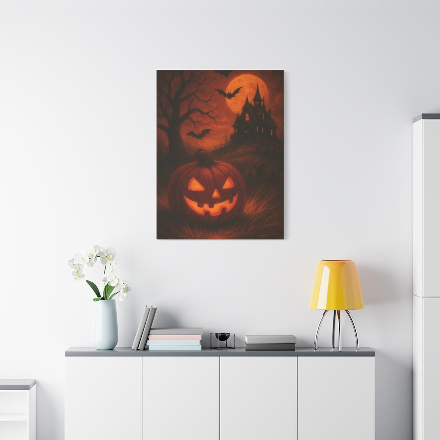 Halloween Themed Canvas Art, Spooky Wall Decor, Pumpkin Artwork, Haunted House Print, Fall Home Decoration