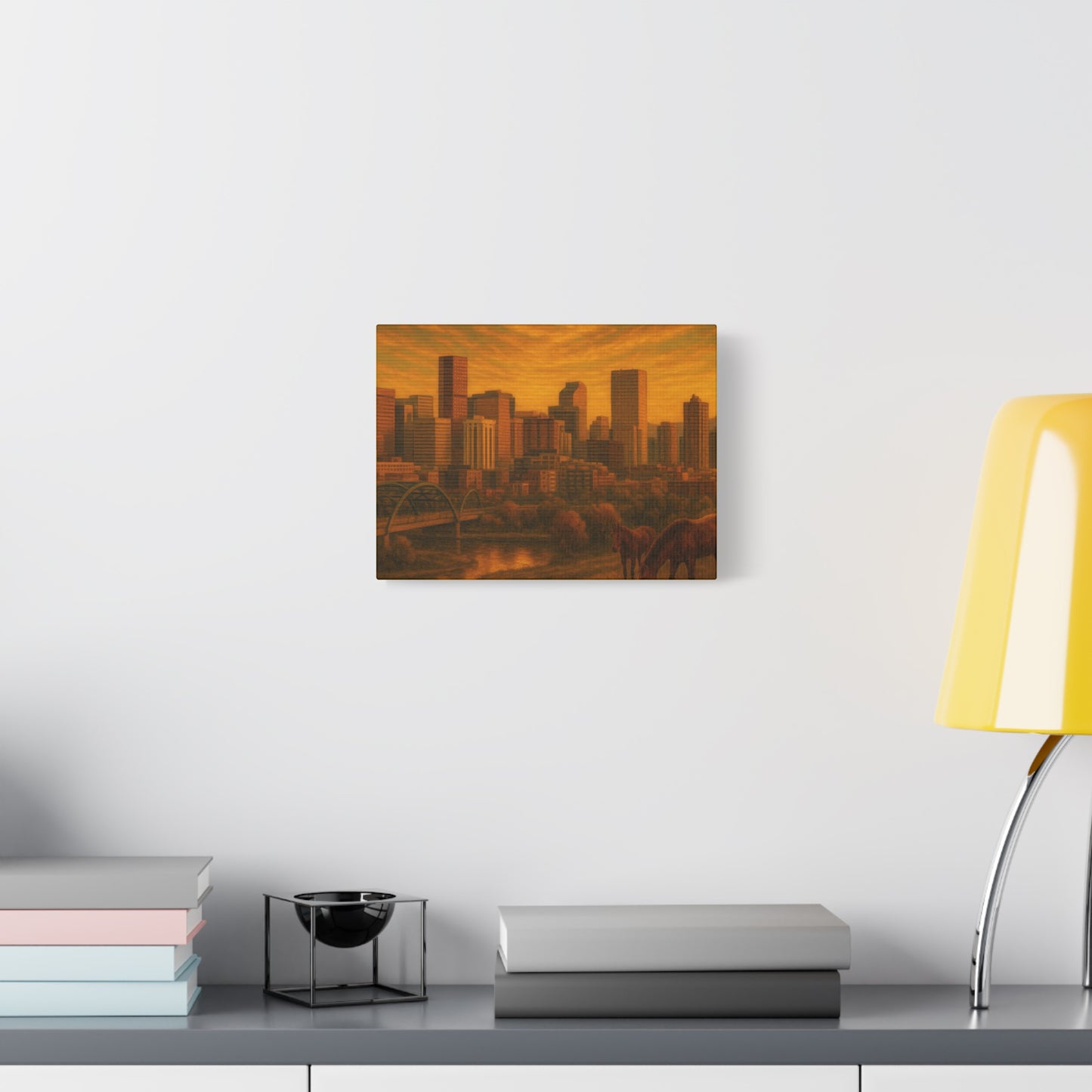 Stretched Canvas Wall Art, Urban Sunset Landscape Print, Horse and City Scene, Home Décor, Gift Idea for Art Lovers