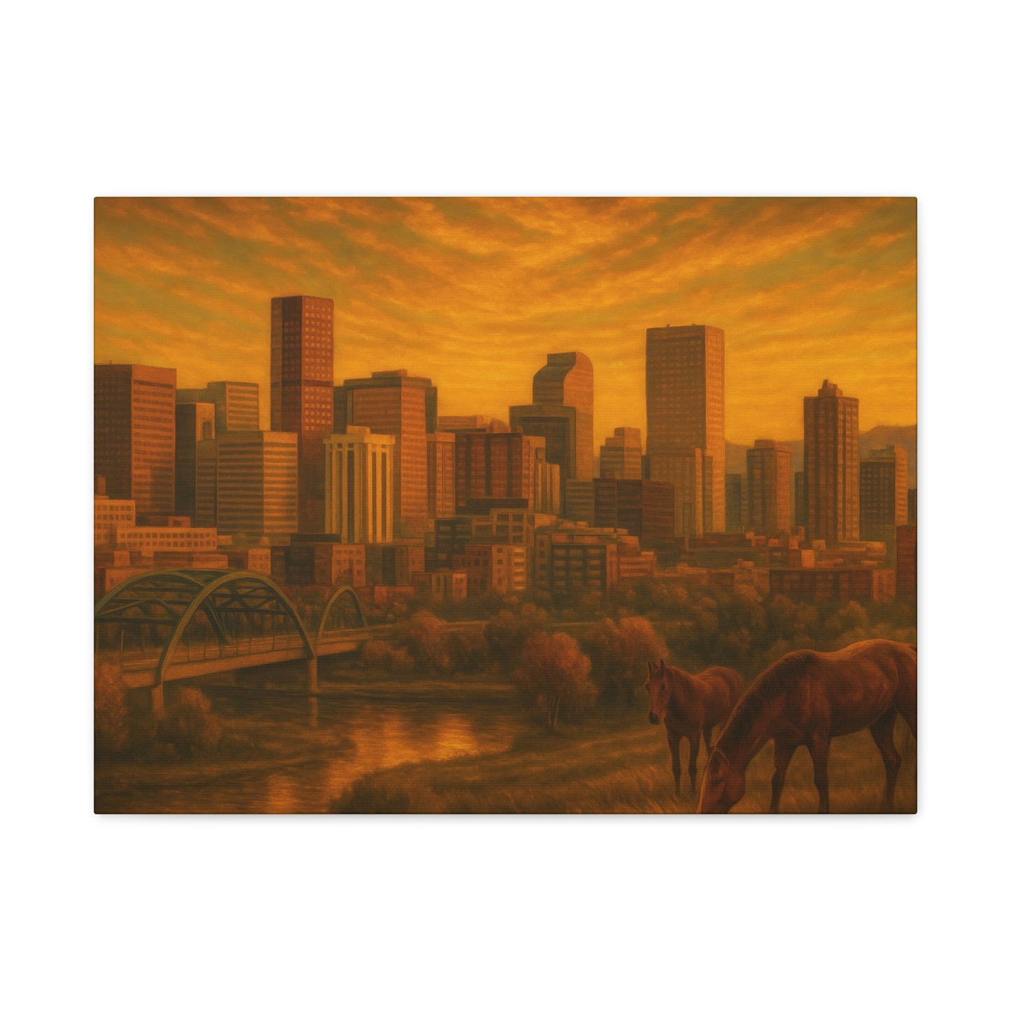Stretched Canvas Wall Art, Urban Sunset Landscape Print, Horse and City Scene, Home Décor, Gift Idea for Art Lovers