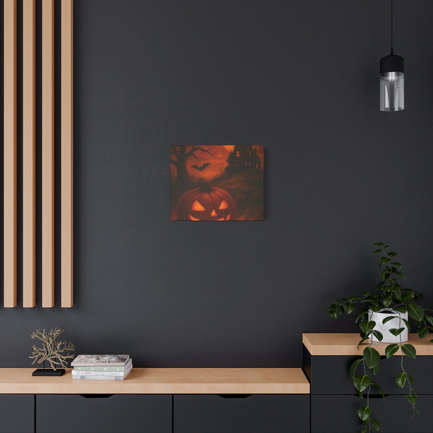 Halloween Themed Canvas Art, Spooky Wall Decor, Pumpkin Artwork, Haunted House Print, Fall Home Decoration