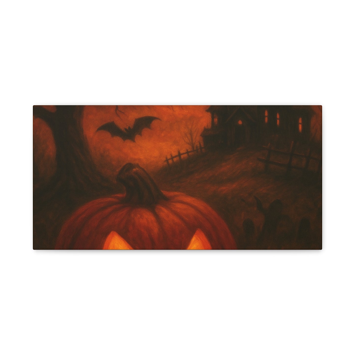 Halloween Themed Canvas Art, Spooky Wall Decor, Pumpkin Artwork, Haunted House Print, Fall Home Decoration