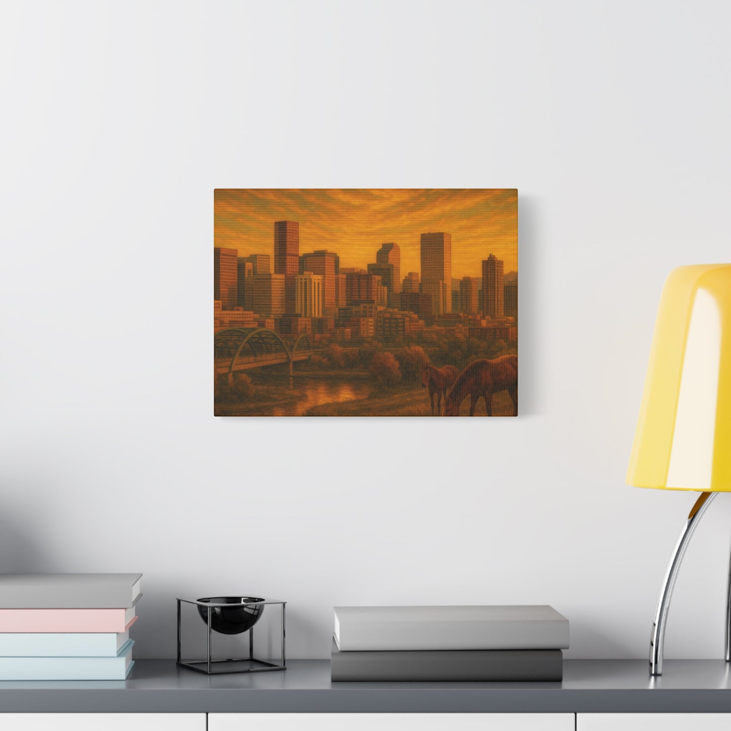 Stretched Canvas Wall Art, Urban Sunset Landscape Print, Horse and City Scene, Home Décor, Gift Idea for Art Lovers