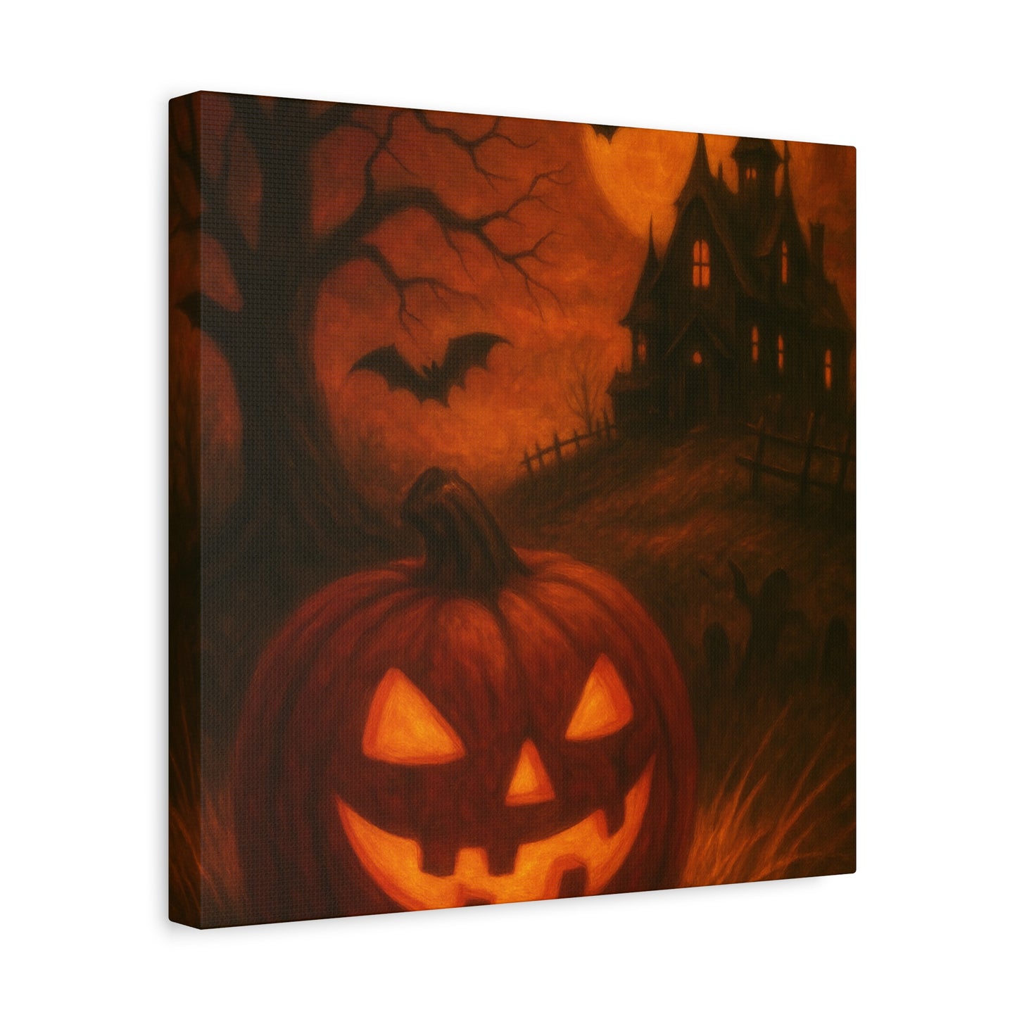 Halloween Themed Canvas Art, Spooky Wall Decor, Pumpkin Artwork, Haunted House Print, Fall Home Decoration
