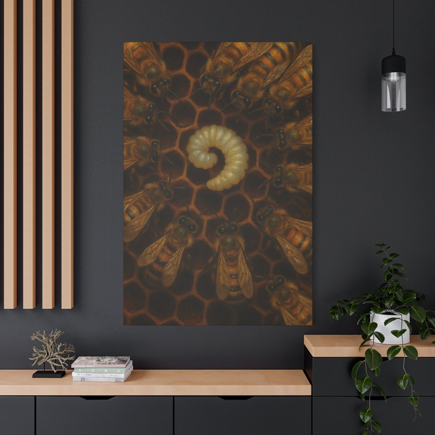 Bee Themed Wall Art Canvas, Honeycomb Decor, Nature Lover Gift, Nursery Decoration, Botanical Wall Art, Insect Art Print