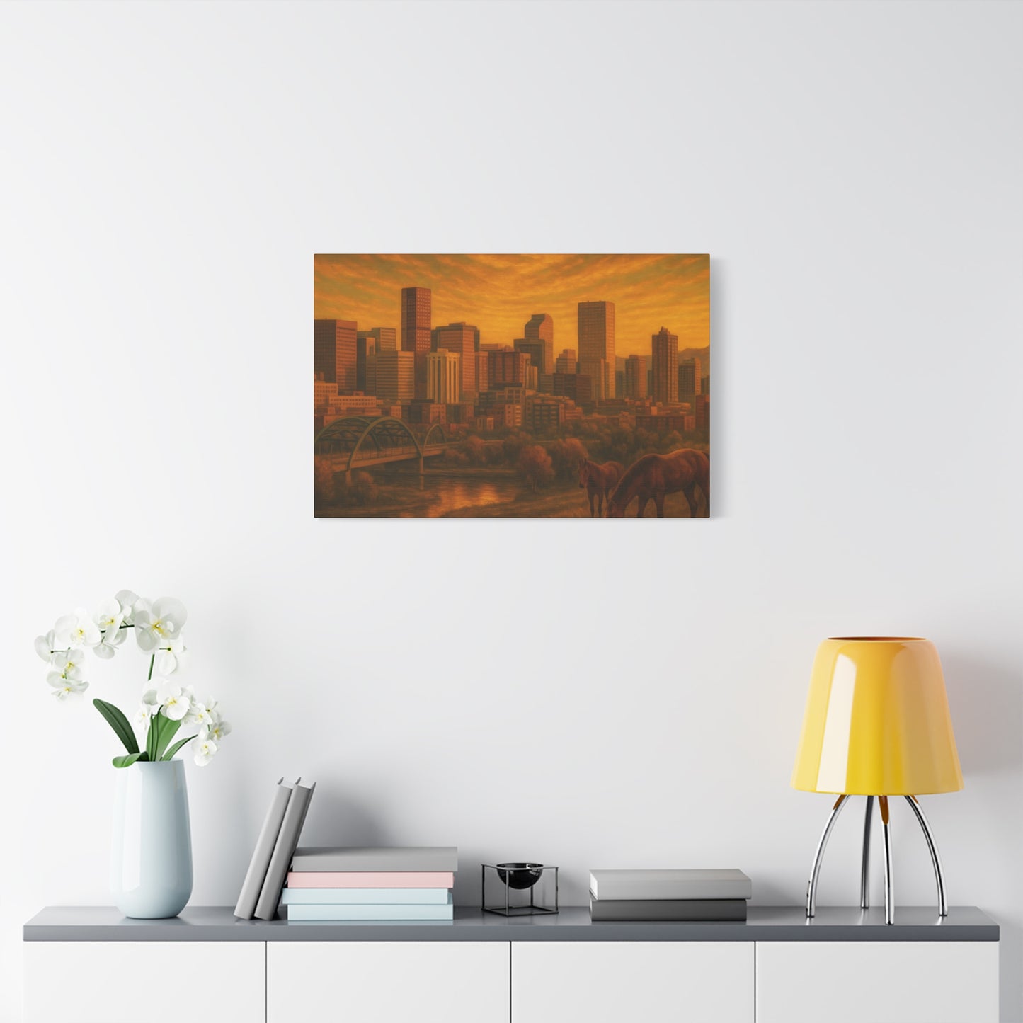 Stretched Canvas Wall Art, Urban Sunset Landscape Print, Horse and City Scene, Home Décor, Gift Idea for Art Lovers