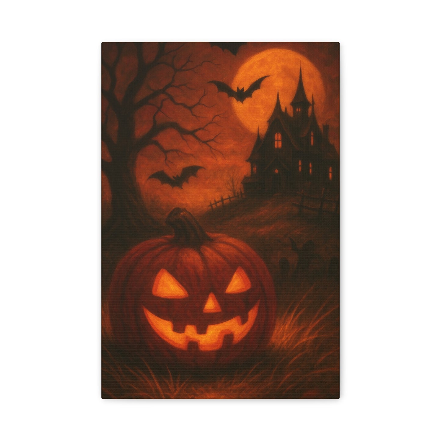 Halloween Themed Canvas Art, Spooky Wall Decor, Pumpkin Artwork, Haunted House Print, Fall Home Decoration
