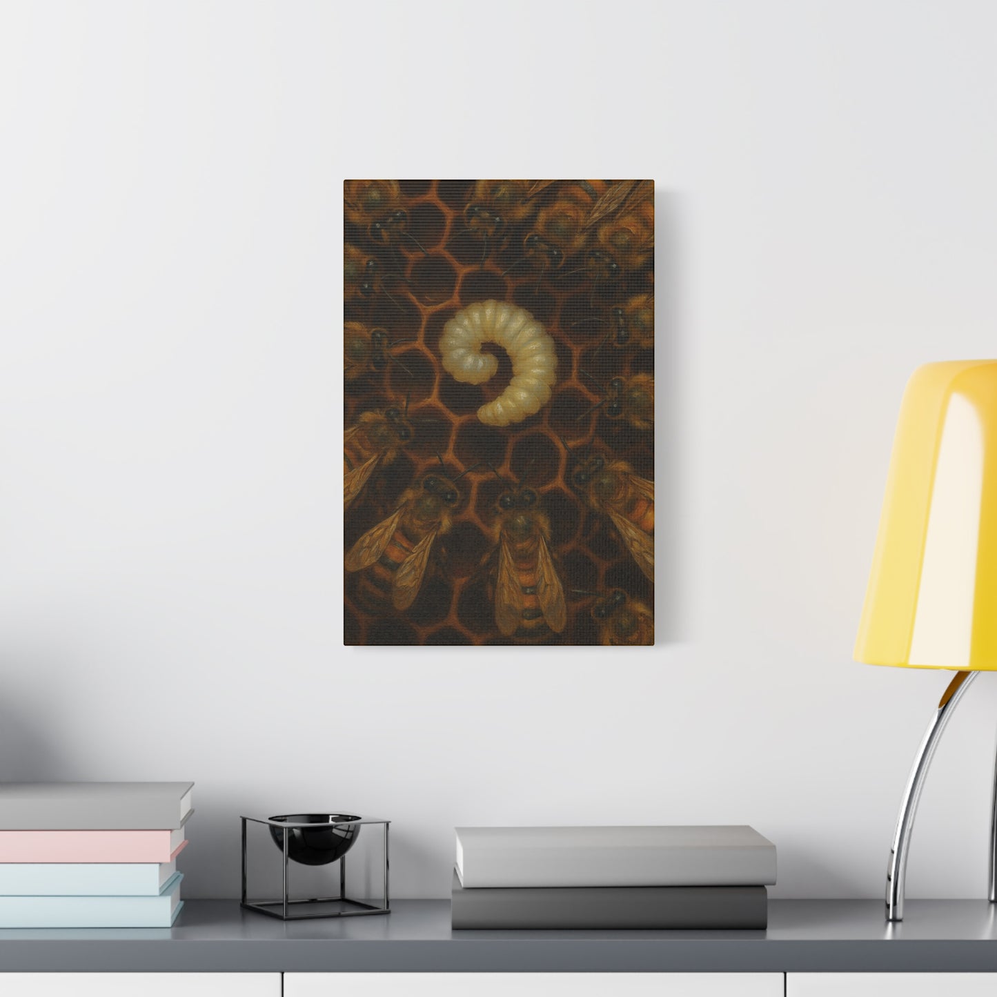 Bee Themed Wall Art Canvas, Honeycomb Decor, Nature Lover Gift, Nursery Decoration, Botanical Wall Art, Insect Art Print