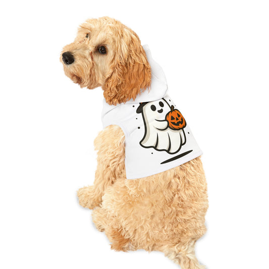 Halloween Ghost Pet Hoodie with Pumpkin Design, Dog Costume, Cat Sweater, Pet Apparel for Fall, Spooky Season Wear