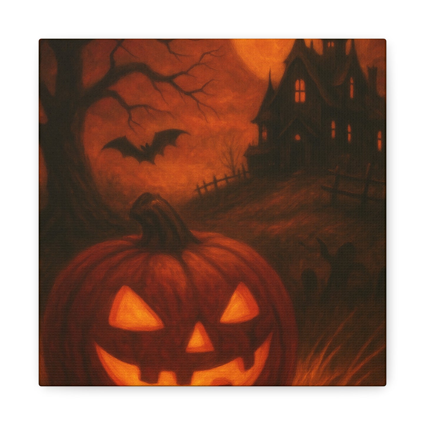 Halloween Themed Canvas Art, Spooky Wall Decor, Pumpkin Artwork, Haunted House Print, Fall Home Decoration