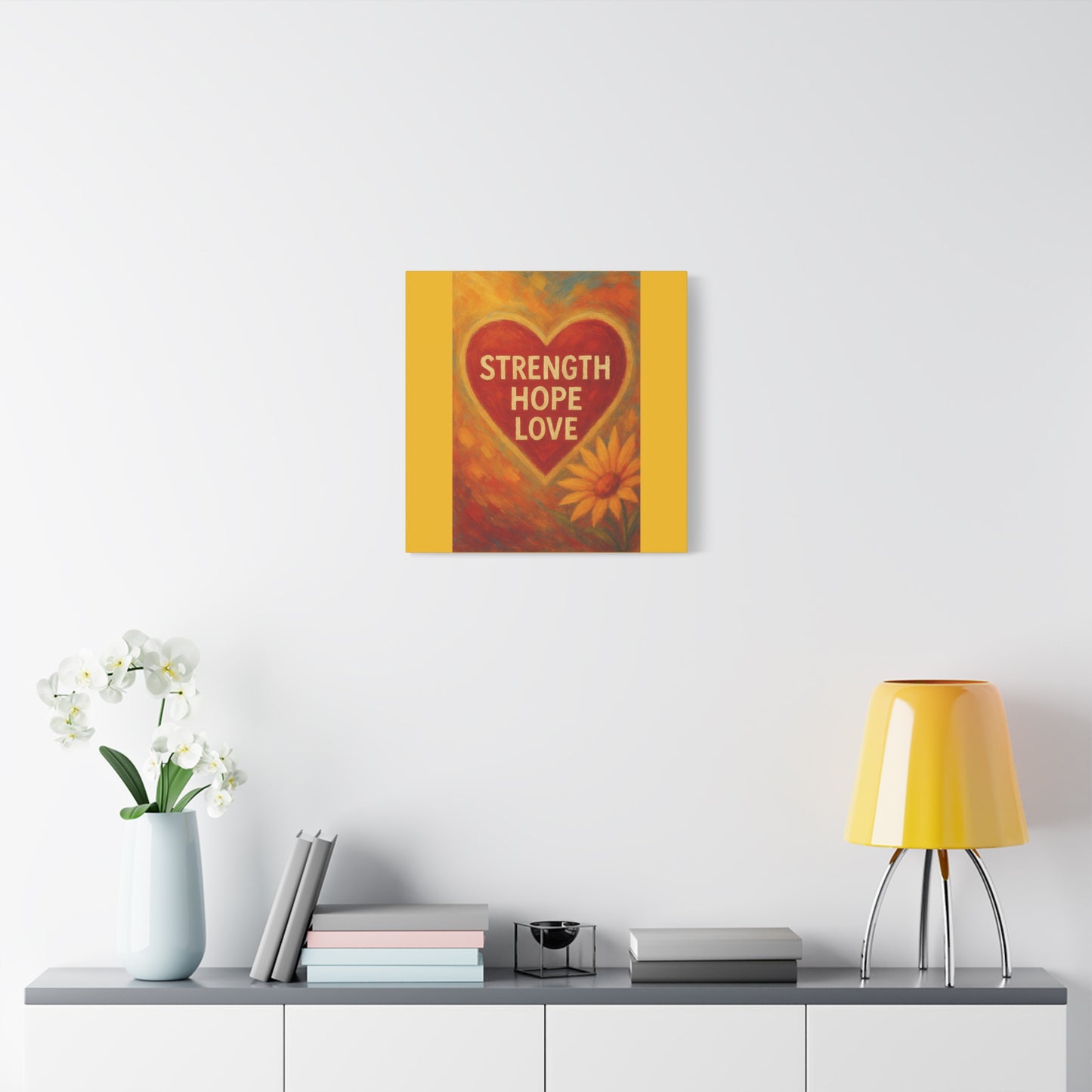 Inspirational Canvas Art, Strength Hope Love Decor, Positive Vibes Wall Art, Motivational Room Decor, Heart and Flower Art