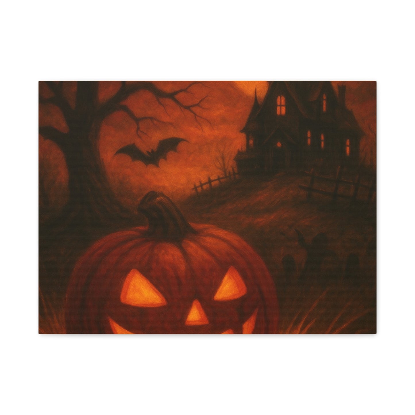 Halloween Themed Canvas Art, Spooky Wall Decor, Pumpkin Artwork, Haunted House Print, Fall Home Decoration