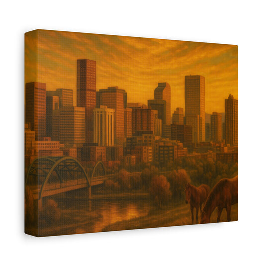 Stretched Canvas Wall Art, Urban Sunset Landscape Print, Horse and City Scene, Home Décor, Gift Idea for Art Lovers