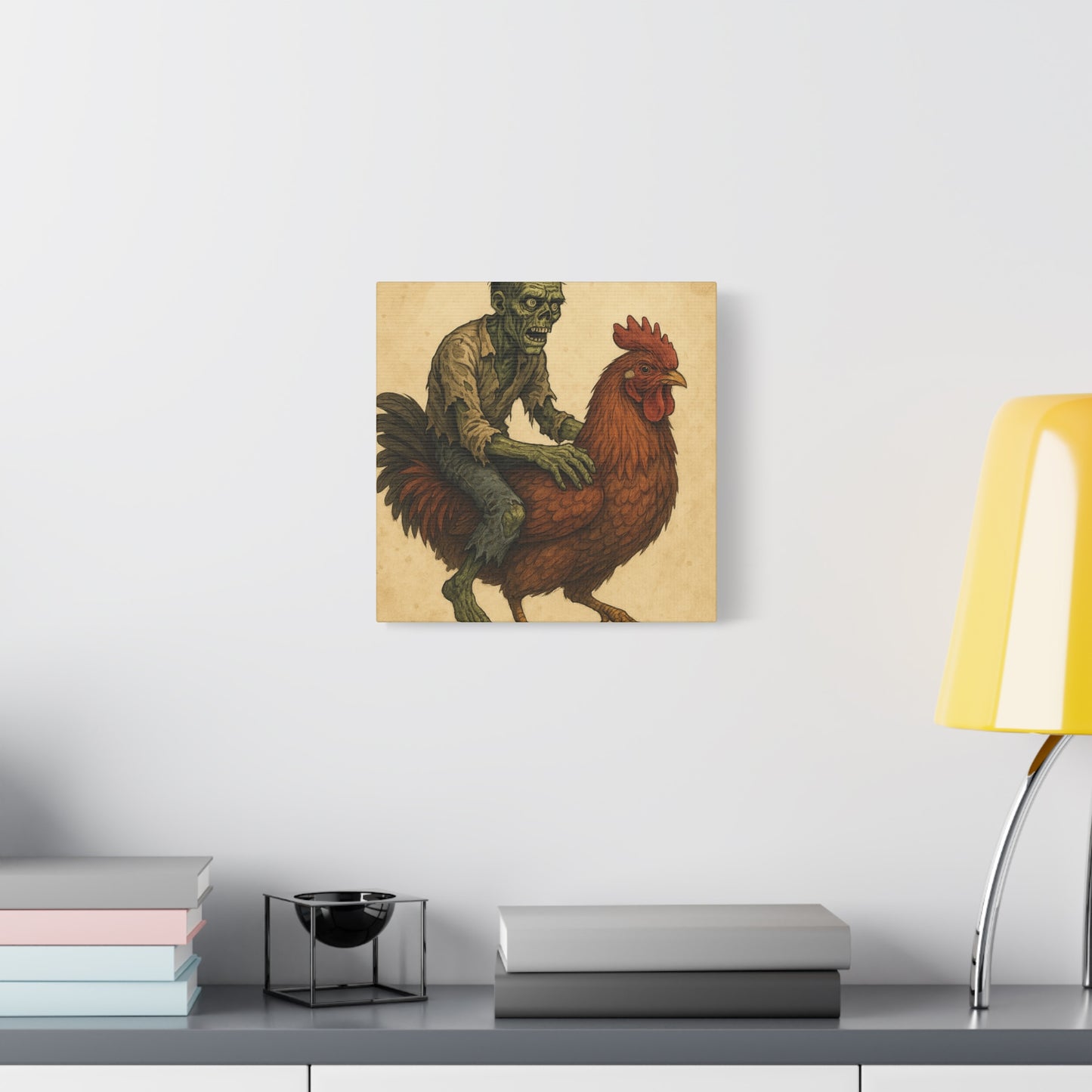 Zombie Chicken Ride Matte Canvas Art, Whimsical Wall Decor, Funny Gift for Halloween, Unique Home Decor, Quirky Art Print