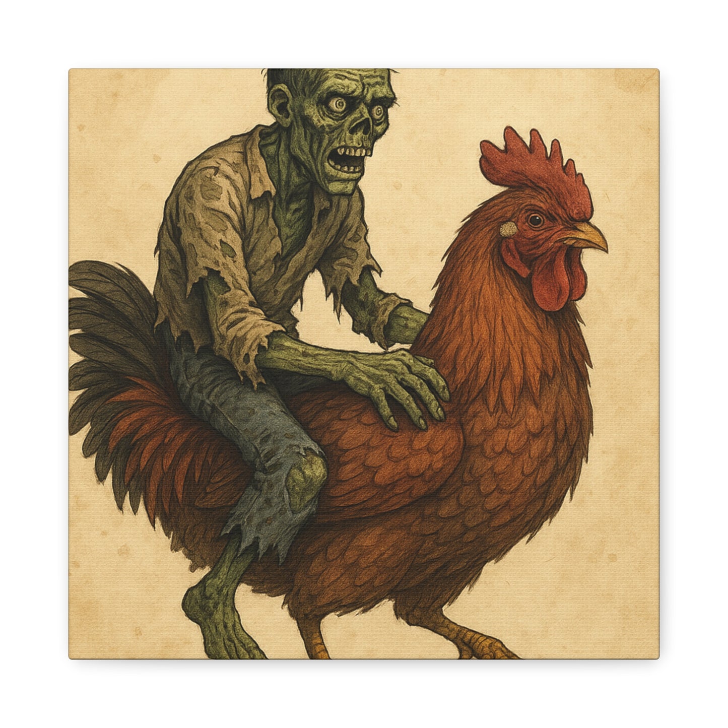 Zombie Chicken Ride Matte Canvas Art, Whimsical Wall Decor, Funny Gift for Halloween, Unique Home Decor, Quirky Art Print
