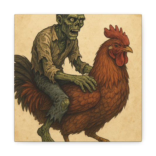 Zombie Chicken Ride Matte Canvas Art, Whimsical Wall Decor, Funny Gift for Halloween, Unique Home Decor, Quirky Art Print