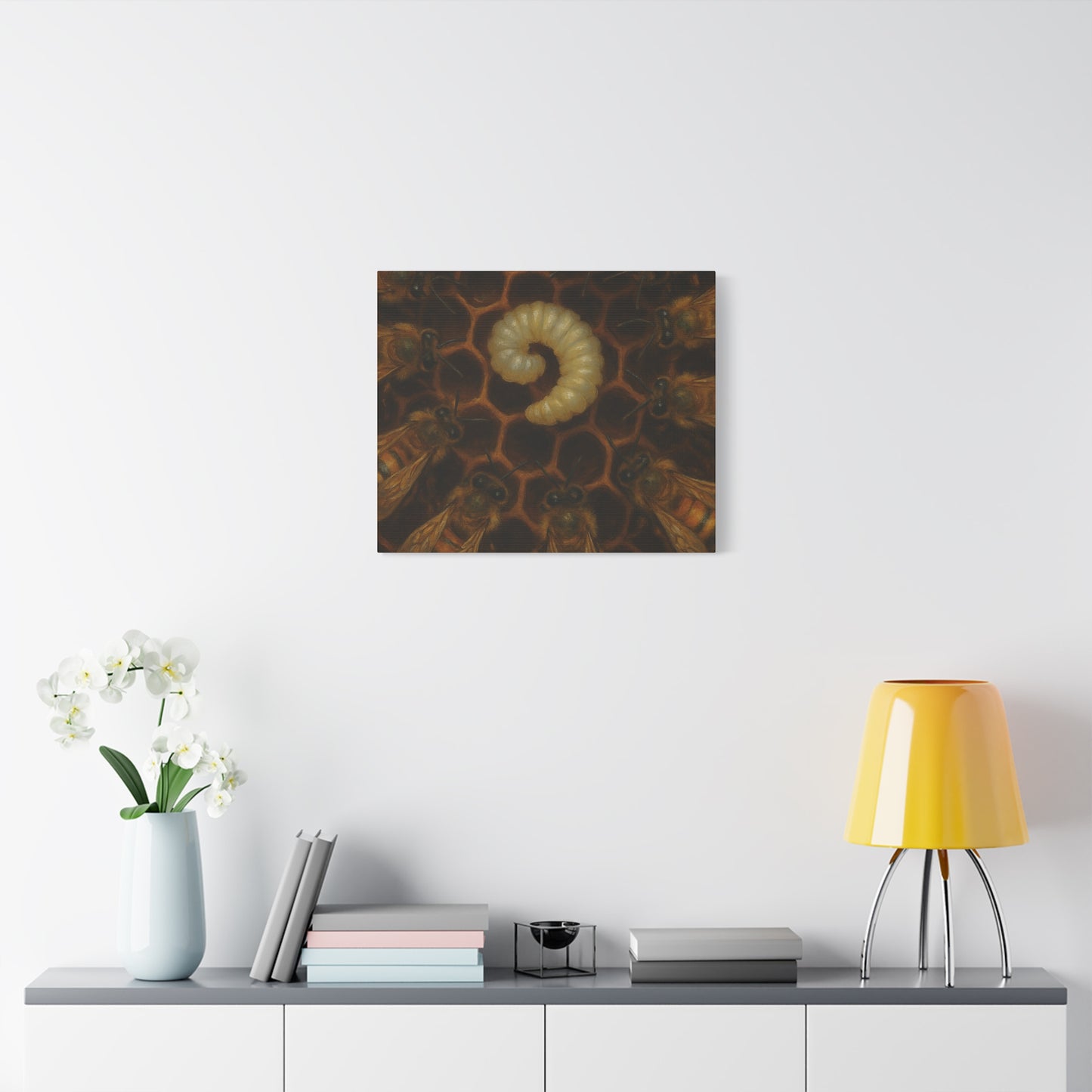 Bee Themed Wall Art Canvas, Honeycomb Decor, Nature Lover Gift, Nursery Decoration, Botanical Wall Art, Insect Art Print