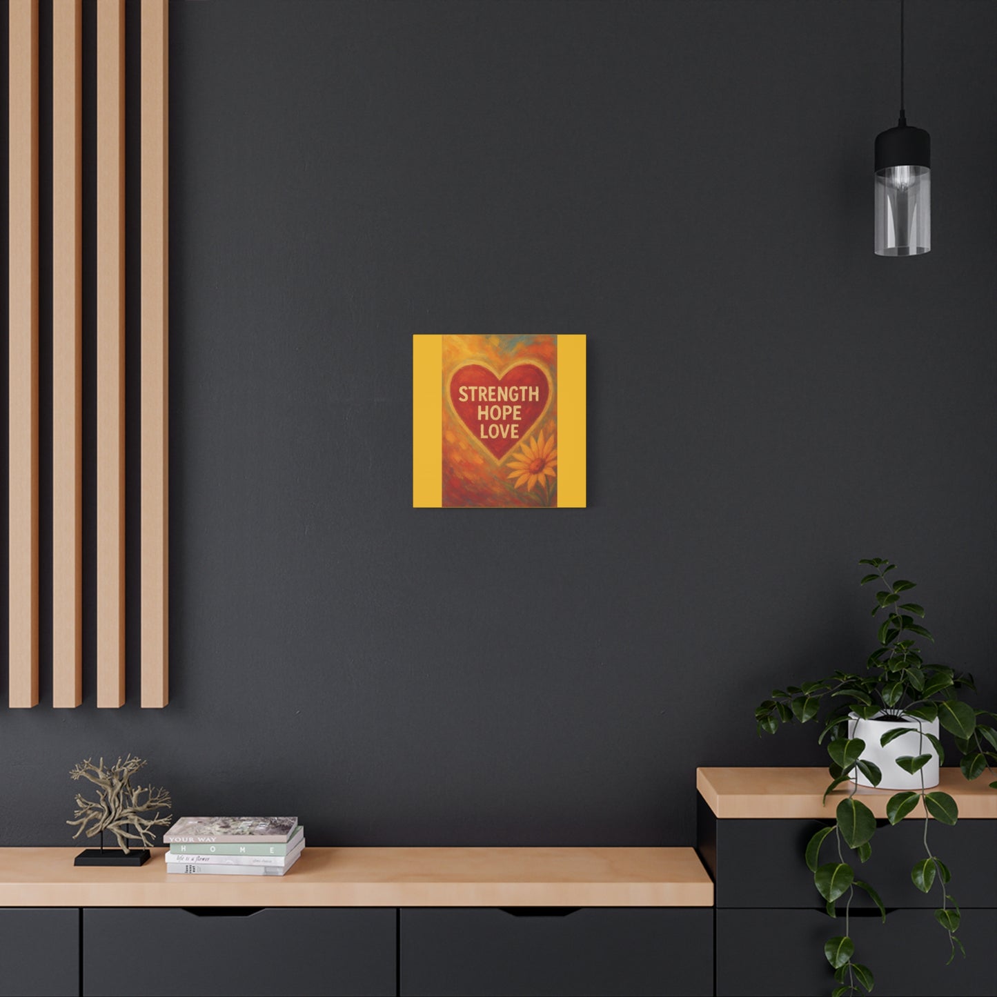 Inspirational Canvas Art, Strength Hope Love Decor, Positive Vibes Wall Art, Motivational Room Decor, Heart and Flower Art
