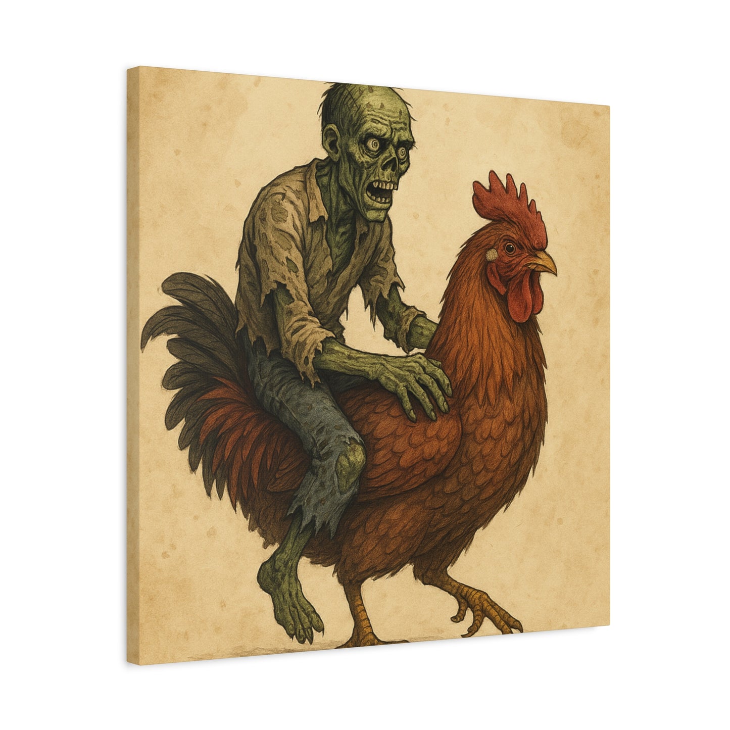 Zombie Chicken Ride Matte Canvas Art, Whimsical Wall Decor, Funny Gift for Halloween, Unique Home Decor, Quirky Art Print