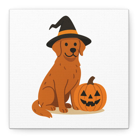 Halloween Dog Canvas Wall Art, Cute Golden Retriever with Pumpkin Decor, Pet Lover Gift, Autumn Home Decoration, Trick or Treat Wall Art