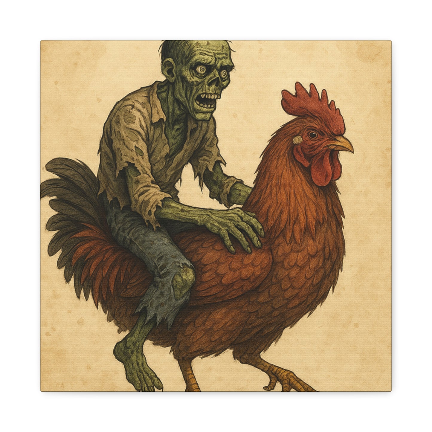 Zombie Chicken Ride Matte Canvas Art, Whimsical Wall Decor, Funny Gift for Halloween, Unique Home Decor, Quirky Art Print