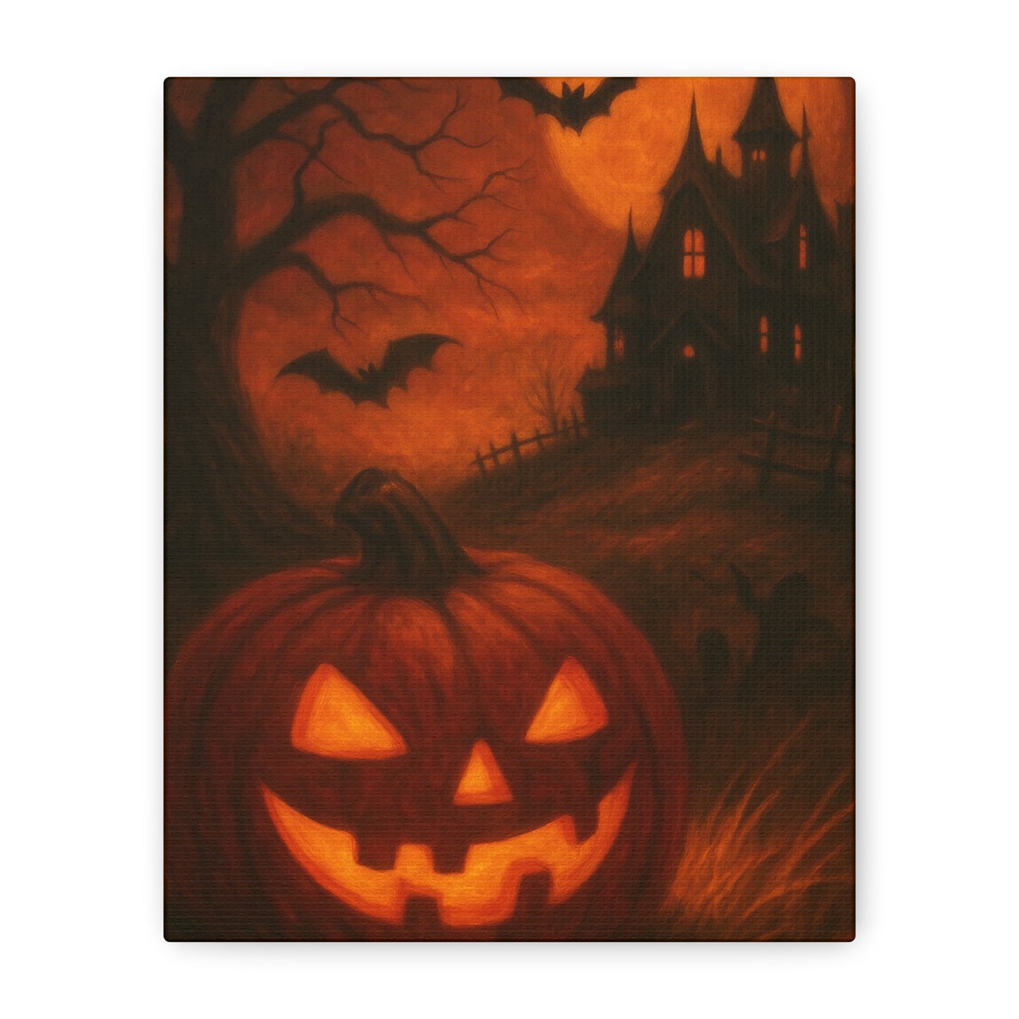 Halloween Themed Canvas Art, Spooky Wall Decor, Pumpkin Artwork, Haunted House Print, Fall Home Decoration