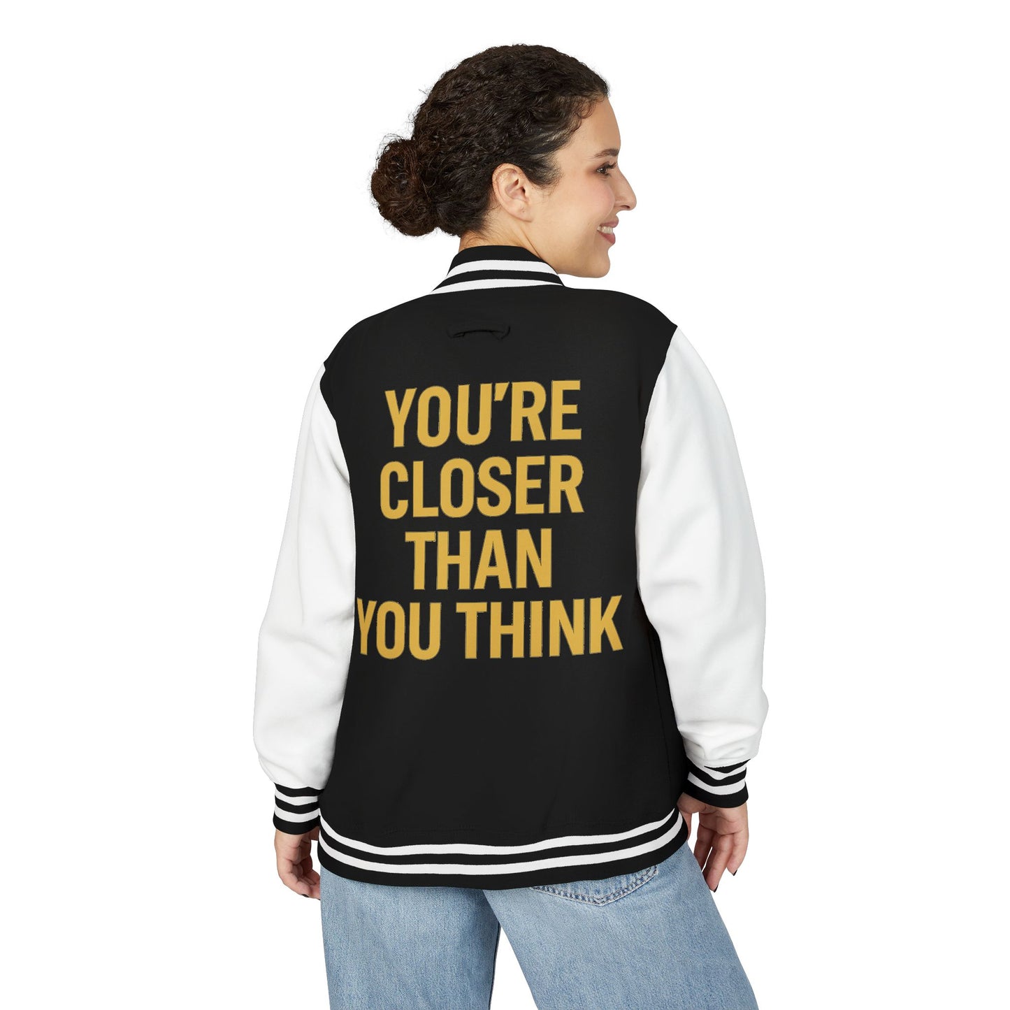 Faith Over Fear Unisex Varsity Jacket – “You’re Closer Than You Think” Edition