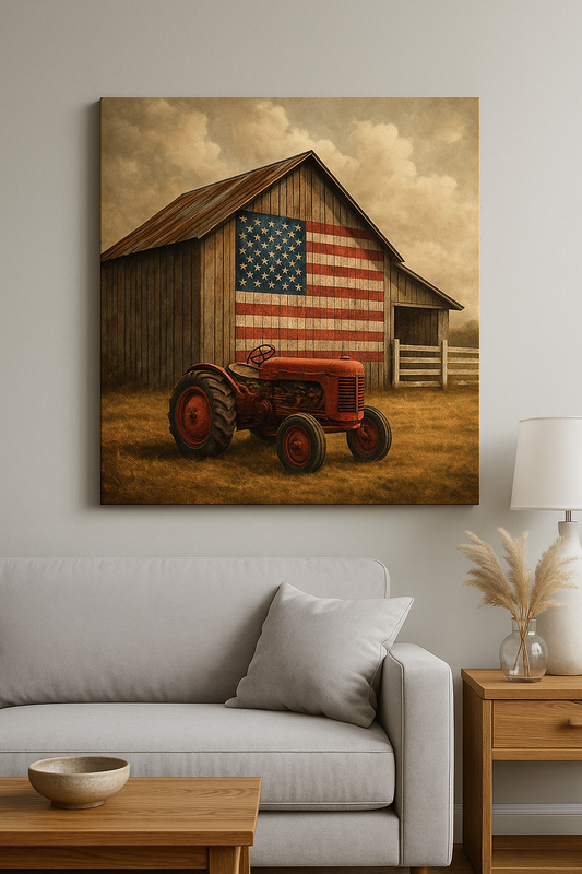 Rustic Farmhouse Canvas Art, American Flag, Vintage Tractor Wall Decor, Country Home Decoration, Farmhouse Style, Patriotic Gift