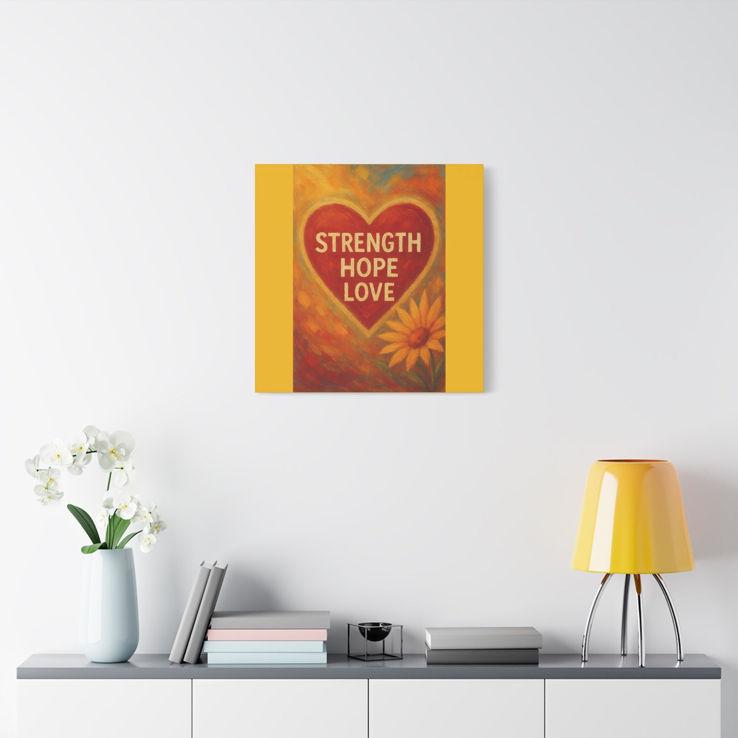 Inspirational Canvas Art, Strength Hope Love Decor, Positive Vibes Wall Art, Motivational Room Decor, Heart and Flower Art