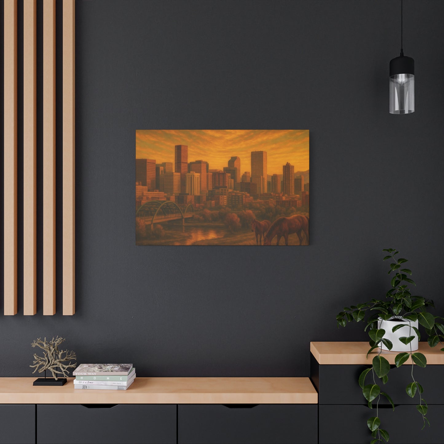 Stretched Canvas Wall Art, Urban Sunset Landscape Print, Horse and City Scene, Home Décor, Gift Idea for Art Lovers