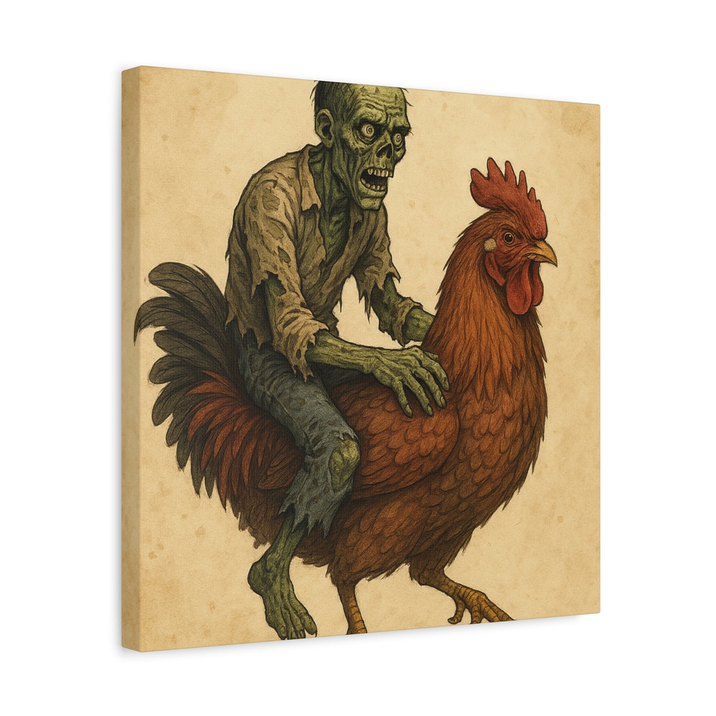 Zombie Chicken Ride Matte Canvas Art, Whimsical Wall Decor, Funny Gift for Halloween, Unique Home Decor, Quirky Art Print