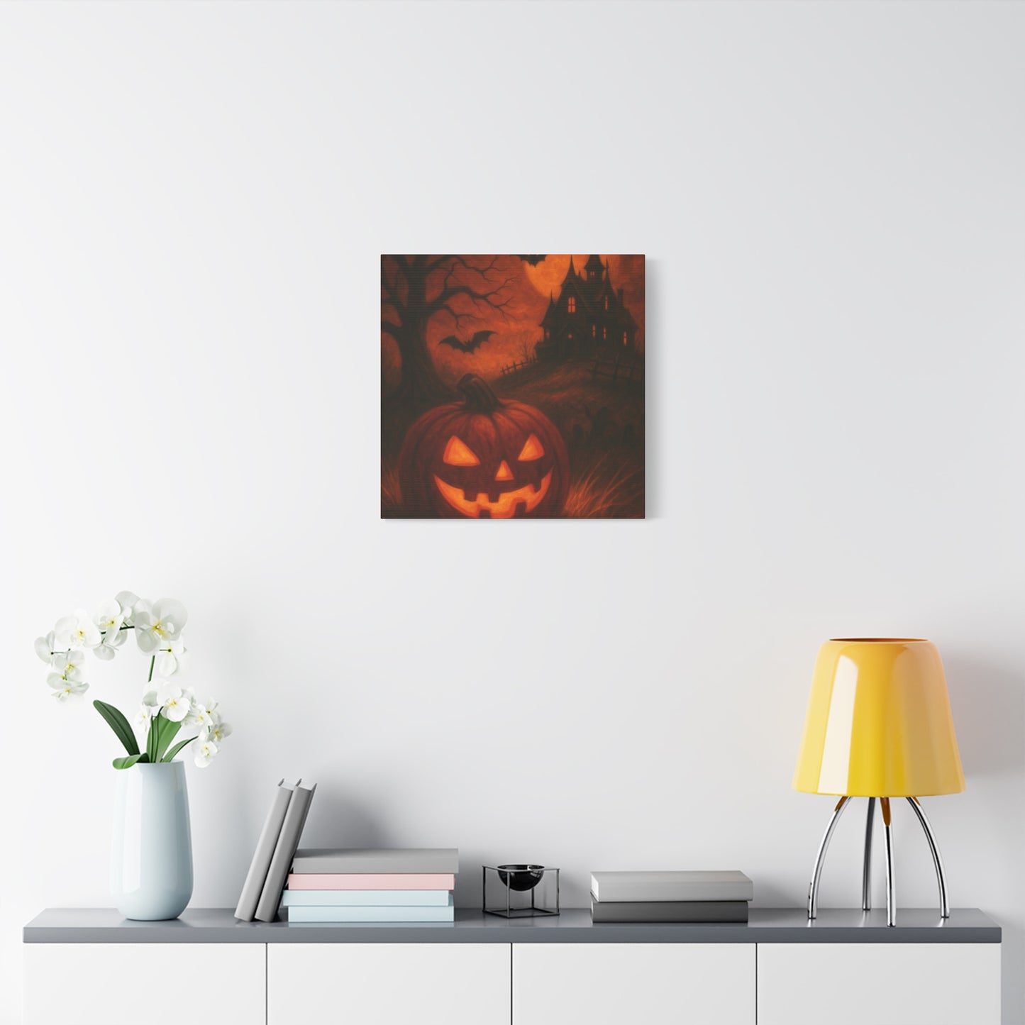 Halloween Themed Canvas Art, Spooky Wall Decor, Pumpkin Artwork, Haunted House Print, Fall Home Decoration