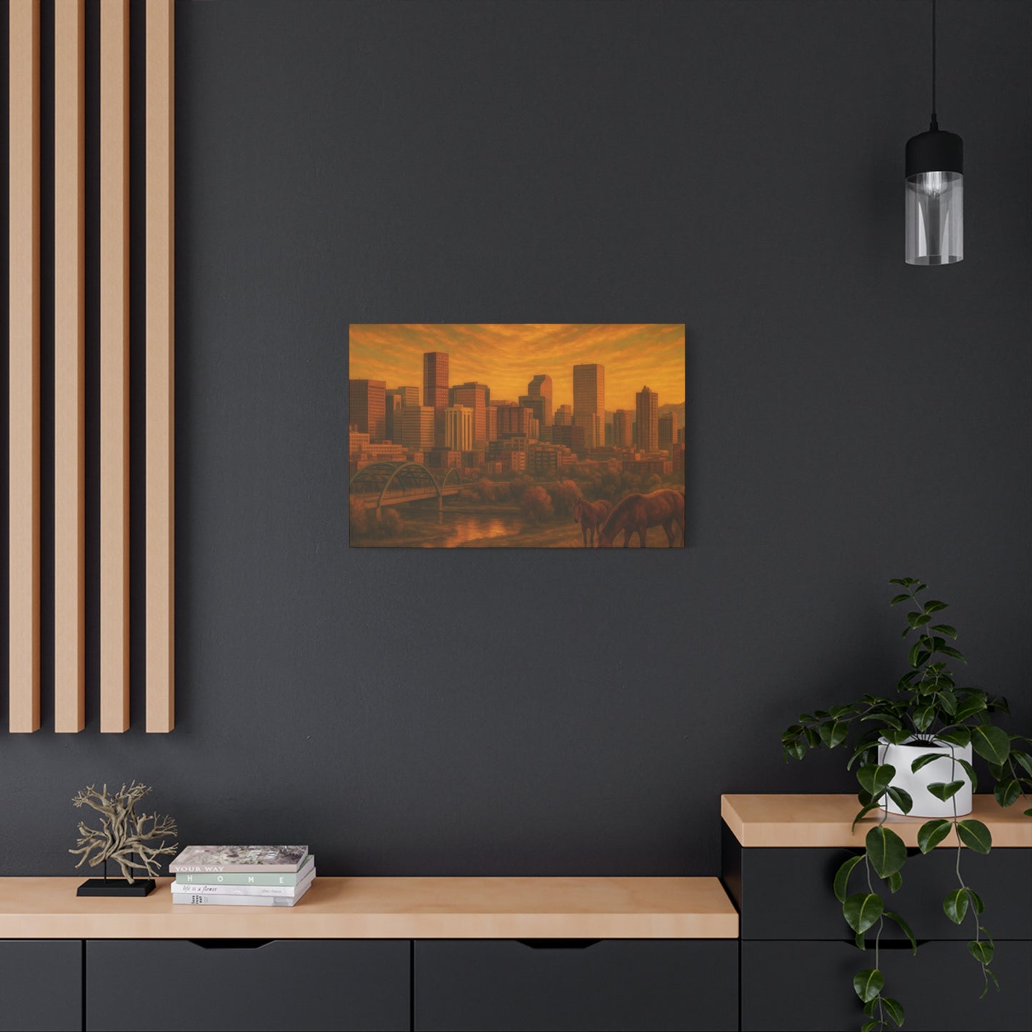 Stretched Canvas Wall Art, Urban Sunset Landscape Print, Horse and City Scene, Home Décor, Gift Idea for Art Lovers