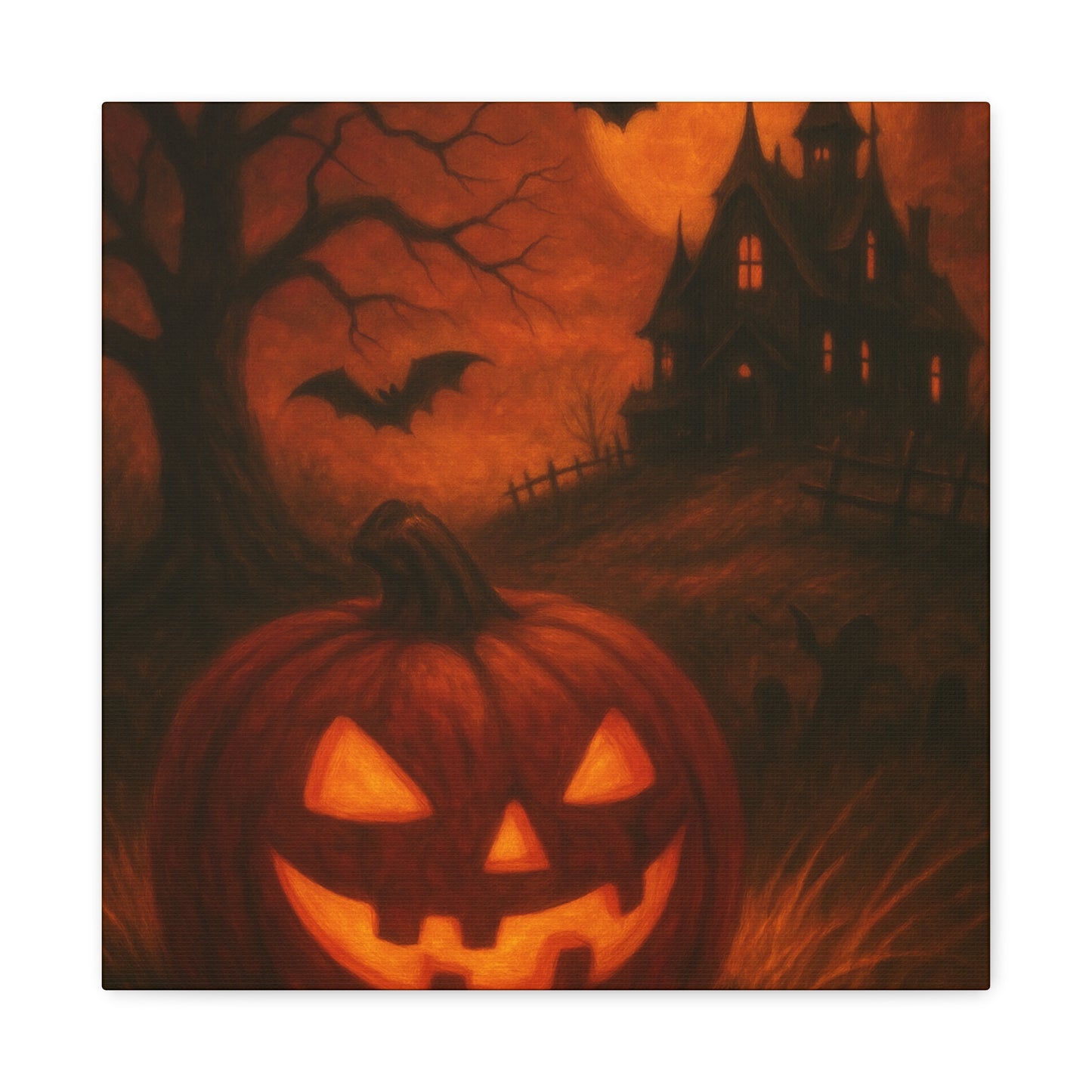 Halloween Themed Canvas Art, Spooky Wall Decor, Pumpkin Artwork, Haunted House Print, Fall Home Decoration