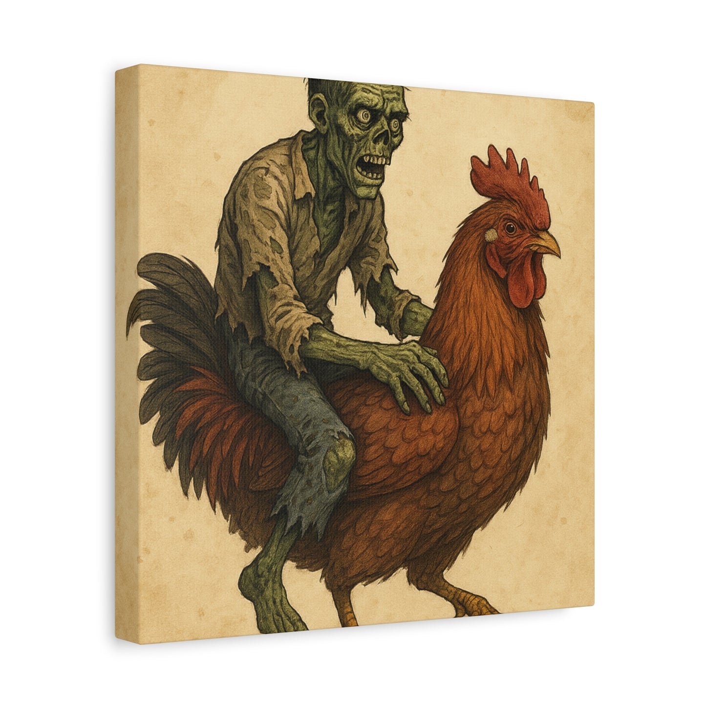 Zombie Chicken Ride Matte Canvas Art, Whimsical Wall Decor, Funny Gift for Halloween, Unique Home Decor, Quirky Art Print