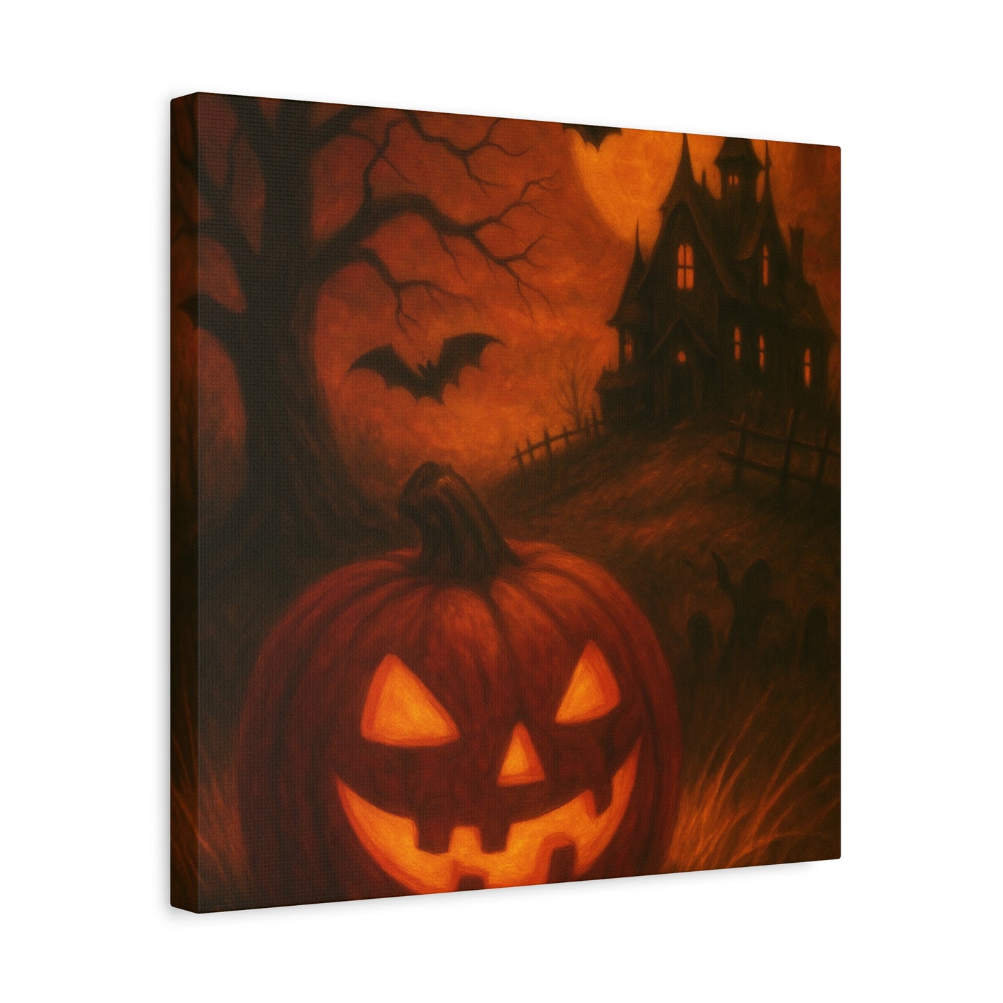 Halloween Themed Canvas Art, Spooky Wall Decor, Pumpkin Artwork, Haunted House Print, Fall Home Decoration