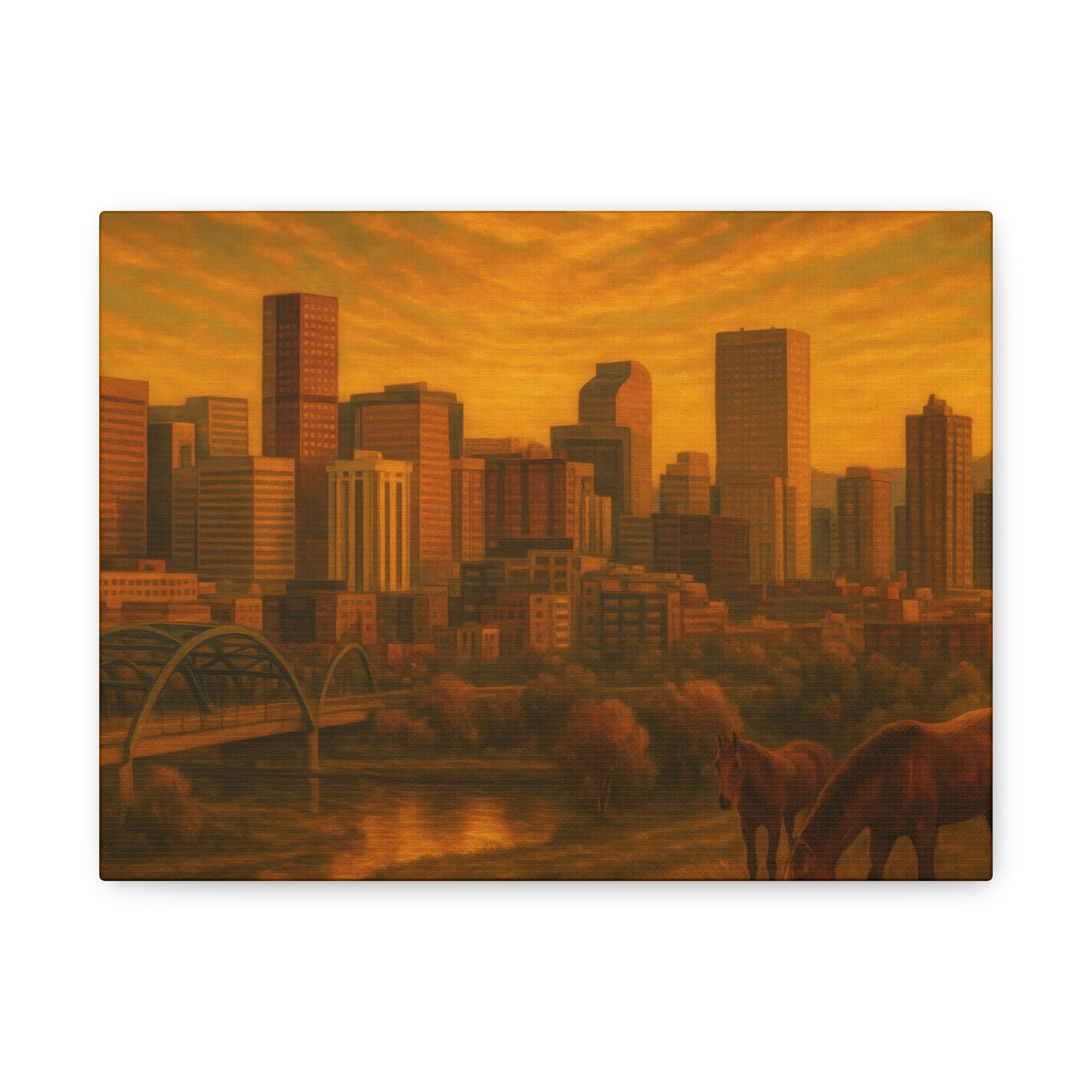 Stretched Canvas Wall Art, Urban Sunset Landscape Print, Horse and City Scene, Home Décor, Gift Idea for Art Lovers
