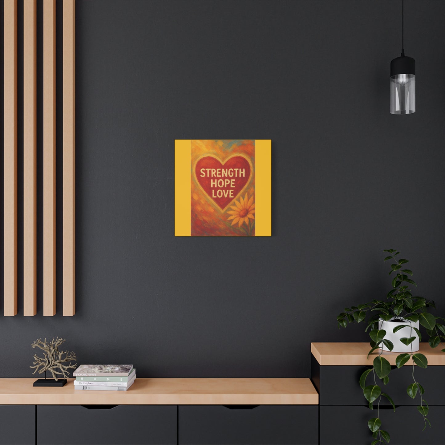 Inspirational Canvas Art, Strength Hope Love Decor, Positive Vibes Wall Art, Motivational Room Decor, Heart and Flower Art